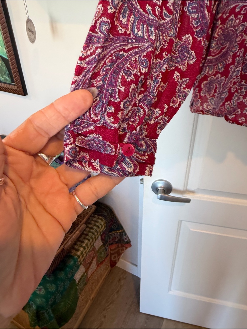 Lucky Brand Paisley V-Neck Blouse in Burgundy and Purple - Picture 3 of 4